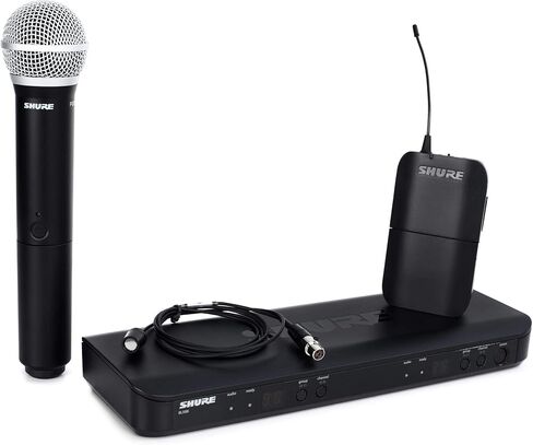 نظام الميكروفون اللاسلكي Shure BLX1288/CVL UHF - مثالي للكنيسة والكاريوكي والمسرح والغناء - عمر البطارية 14 ساعة، نطاق 300 قدم | يتضمن ميكروفونات محمولة باليد وميكروفونات Lavalier، وجهاز استقبال ثنائي القناة | فرقة J11 in Saudi Arabia