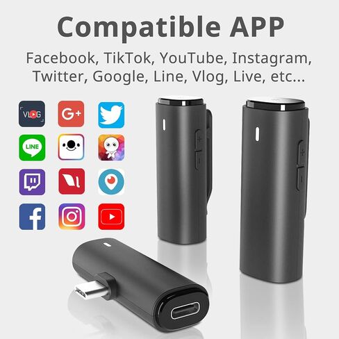 ميكروفون AKSONIC اللاسلكي Lavalier لميكروفون iPhone لتسجيل الفيديو والبث المباشر مع موصل USB من النوع C، محول لايتنينج (100 قدم، أسود) in Saudi Arabia
