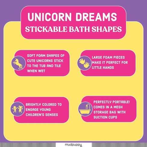 Mudpuppy Unicorn Dreams - 20 شكل إسفنجي سحري قابل للالتصاق للترفيه أثناء الاستحمام مع حقيبة تخزين شبكية للأطفال الصغار والرضع من عمر سنتين فما فوق in Kuwait