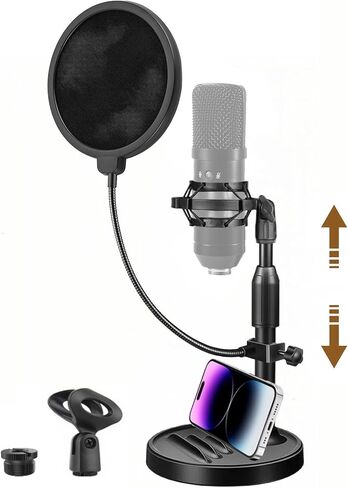 MC-S 【11.4 inch】 Upgraded 2 in 1 Desktop Microphone Stand, Adjustable Mic Stand with Pop Filter, Shock Mount, Microphone Clip, 3/8" to 5/8" Metal Screw Adapter. Phone stand. in Kuwait