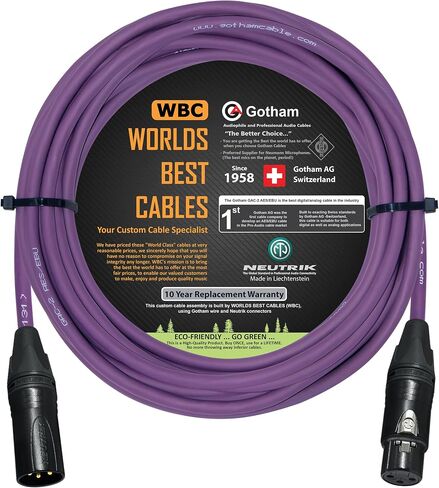 أفضل الكابلات في العالم 20 قدم - Gotham GAC-2 AES/EBU (أرجواني) - منخفض الخسارة، 2xCore 2xShielded كابل صوت رقمي وتناظري متوازن مع مقابس Neutrik Gold ذكر إلى أنثى XLR - مصنوع حسب الطلب in Saudi Arabia