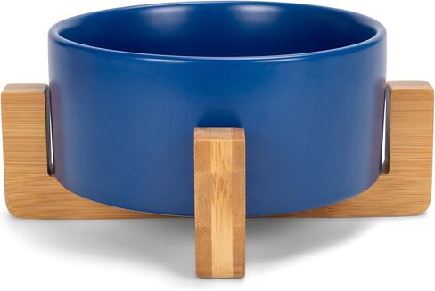 NAT & Jules Small Black 6 inch Stoneware Ceramic and Wood Pet Bowl with Stand in Kuwait
