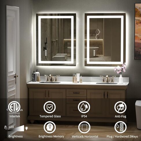 مرآة SHUAFA LED للحمام، بإضاءة خلفية مقاس 24 × 32 بوصة + مرآة زينة للحمام بإضاءة أمامية مع أضواء للجدار، وشرائط إضاءة مزدوجة، 3 ألوان، مقاومة للكسر، ومضادة للضباب وذاكرة السطوع in Kuwait