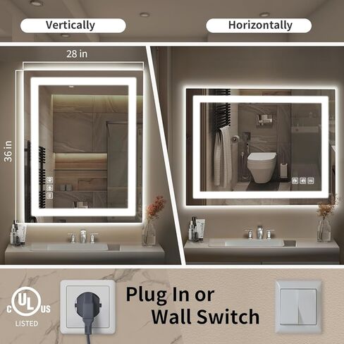 مرآة SHUAFA LED للحمام، بإضاءة خلفية مقاس 24 × 32 بوصة + مرآة زينة للحمام بإضاءة أمامية مع أضواء للجدار، وشرائط إضاءة مزدوجة، 3 ألوان، مقاومة للكسر، ومضادة للضباب وذاكرة السطوع in Kuwait