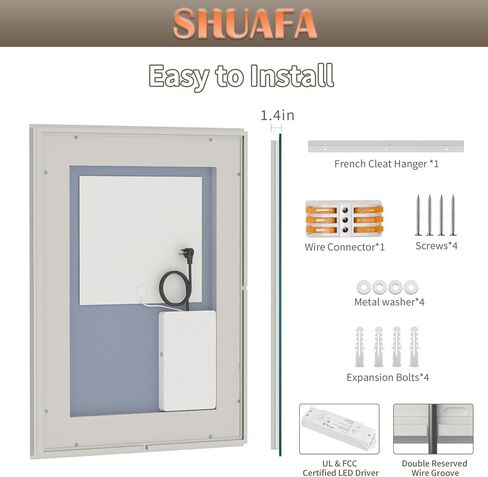 مرآة SHUAFA LED للحمام، بإضاءة خلفية مقاس 24 × 32 بوصة + مرآة زينة للحمام بإضاءة أمامية مع أضواء للجدار، وشرائط إضاءة مزدوجة، 3 ألوان، مقاومة للكسر، ومضادة للضباب وذاكرة السطوع in Kuwait