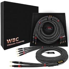 WORLDS BEST CABLES 6 Foot Ultimate - 9 AWG - Ultra-Pure OFC - Premium Audiophile HiFi Bi-Wire Speaker Cable Pair with Eminence Gold Banana Plugs & Carbon Tweed Jacket