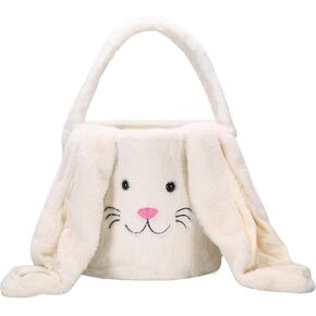 Plush Easter Bunny Basket Easter Basket for Kids Easter Egg Hunt Basket with Plush Ears Bunny Bucket Tote for Easter Eggs Candy (Plush-Brown)