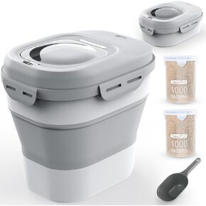 Food Storage Containers, Collapsible 20 to 50 Lbs Cereal Rice Container Dispenser with Rolling Wheel Airtight Locking Lid,Flour Storage Container with Cup and Scoop For Dog Pet Flour Sugar