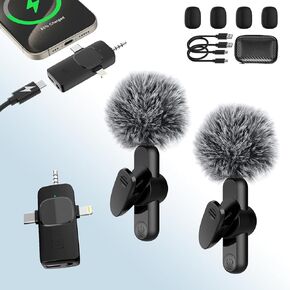 Wireless Lavalier Microphone for iPhone/Camera/Android Phone, Plug-Play Mini Microphone Wireless Lapel Mic with Lightning+USB-C+3.5mm Receiver, Clip On Microphone for Video Recording/TikTok/YouTube