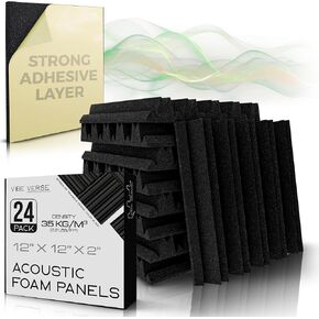 VibeVerse - 24 pack Self Adhesive Acoustic Foam Sound Absorption Panels, 12" x 12" x 2", Black Pyramid of 6 lines Design, 35 Kg/m3 High Density for Recording Studio Walls, Streaming and Podcast Setup