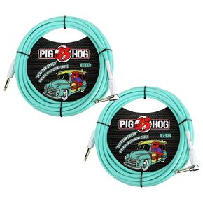Pig Hog PCH20SGR 1/4' Straight to 1/4' Right-Angle Seafoam Green Instrument Cable, 20 feet - 2 Pack