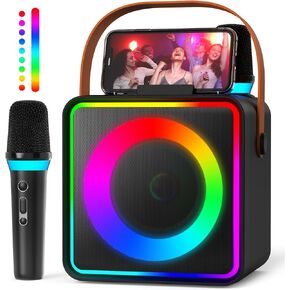 Karaoke Machine with 2 Wireless Microphones, Portable Bluetooth Speaker for Adults & Kids with LED Lights, Karaoke Microphone Supports TF Card/USB, TWS, Gift Idea for Birthday Party Home-Black