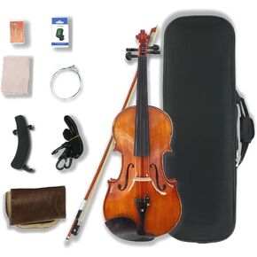 Violin 4/4 full set for Beginners, Adults, Students, Aged Spruce Maple Solid Wood Fiddle, Ebony fittings with Hard Case, Shoulder Rest, Bow, Tuner, Extra Strings (dark brown, 4/4 Full Size)