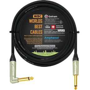 40 Foot - Gotham GAC-1 Ultra Pro (Black) - Premium, Low-Capacitance (21 pf/F) Guitar Bass Instrument Cable - Amphenol QM2R-AU & QM2P-AU ¼ Inch (6.35mm) Gold TS Connectors