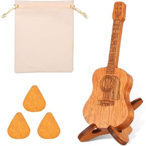Guitar Pick Box, Wooden Guitar Pick Holder Custom Acoustic Guitar Pick Case Guitar Pick Rack with 3 Guitar Picks and Stand for Guitar Electric Bass Ukulele Lovers (Beige Drawstring Gift Bag)