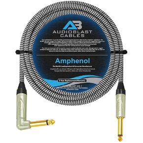 AUDIOBLAST CABLES 15 Foot - Audioblast HQ-1-BRAID (Black+White) – Flexible, Shielded - Guitar Bass Instrument Cable w/Amphenol Q-Series Angled & Straight Gold TS Plugs