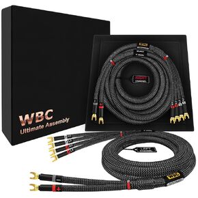 WORLDS BEST CABLES 8 Foot Ultimate - 9 AWG - Ultra-Pure OFC - Premium Audiophile HiFi Bi-Wire Speaker Cable Pair with Eminence Gold Spade Plugs & Carbon Tweed Jacket