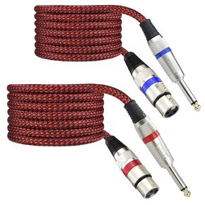 Unbalanced 1/4" TS Male to XLR Female Mono Cable, 15 Feet 6.35 mm Quarter Inch to 3pin XLR Microphone Cord, OFC Shield, Nylon Braided, Red Color, for Mixer/amp/Audio Interface, 2Pack