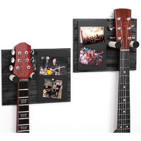 Guitar Wall Mount with Photo Display, Wooden Guitar Wall Hanger 2 Pack with Picture Display, Guitar Holder Wall Mount for Acoustic, Electric Guitar, Bass, Ukulele, Banjo Display (Vintage Black)