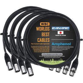 WORLDS BEST CABLES 4 Units - 4 Foot - Canare L-4E6S, Star Quad Balanced Male to Female Microphone Cables with Amphenol AX3M & AX3F Silver XLR Connectors - CUSTOM MADE