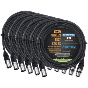 WORLDS BEST CABLES 6 Units - 20 Foot - Canare L-4E6S, Star Quad Balanced Male to Female Microphone Cables with Amphenol AX3M & AX3F Silver XLR Connectors - Custom Made