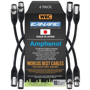 WORLDS BEST CABLES 4 Units - 6 Inch - Canare L-4E6S, Star Quad Balanced Male to Female Microphone Cables with Amphenol AX3M & AX3F Silver XLR Connectors - CUSTOM MADE
