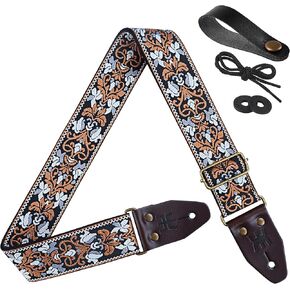 Amumu Brown Lucky Flower Embroidery Guitar Strap - Vintage Style with Top Grain Cowhide Leather Ends & Pick Pocket - Fits Bass, Electric, Acoustic Guitars