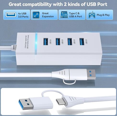 موزع USB لجهاز PS5، موزع USB 3.0 ذو 4 منافذ، محور شحن USB عالي السرعة لوحدة التحكم PS5 النحيفة، موسع منفذ USB PS5، محور USB C إلى USB 3.0 مع كابل ممتد بطول 0.66 قدم in Kuwait