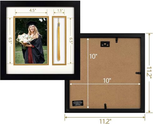 Golden State Art - 10x10 Black Shadow Box Frame - 5x7 Photo - Tassel - Double Mat (Black Over Gold) - Square - Sawtooth Hanger - Wall Mount - Real Glass - Graduation Theme in Saudi Arabia