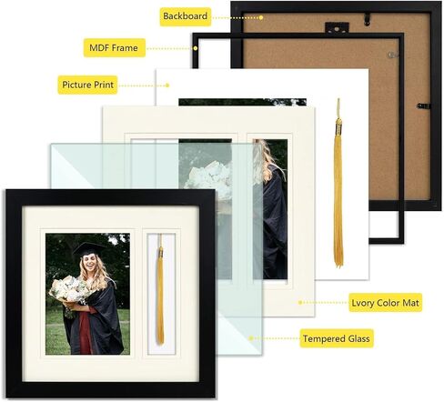 Golden State Art - 10x10 Black Shadow Box Frame - 5x7 Photo - Tassel - Double Mat (Black Over Gold) - Square - Sawtooth Hanger - Wall Mount - Real Glass - Graduation Theme in Kuwait