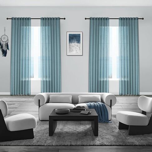 Linen Black Farmhouse Semi Sheer Curtains for Privacy, Flax Light Flitering Back Tab Living Room Curtains 63 Inch Length, Drapes for Sliding Glass Door W52 x L63 in Saudi Arabia