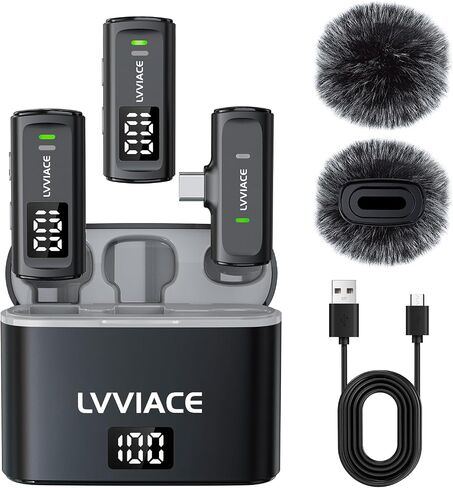ميكروفون لافالير لاسلكي للهواتف المزودة بمنافذ USB من النوع C، عمر بطارية يصل إلى 40 ساعة مع حافظة شحن بشاشة عرض رقمية لجهاز الإرسال، ميكروفون صغير بطول 82 قدمًا مع خاصية إلغاء الضوضاء (USB من النوع C) in Kuwait