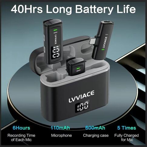 ميكروفون لافالير لاسلكي للهواتف المزودة بمنافذ USB من النوع C، عمر بطارية يصل إلى 40 ساعة مع حافظة شحن بشاشة عرض رقمية لجهاز الإرسال، ميكروفون صغير بطول 82 قدمًا مع خاصية إلغاء الضوضاء (USB من النوع C) in Kuwait