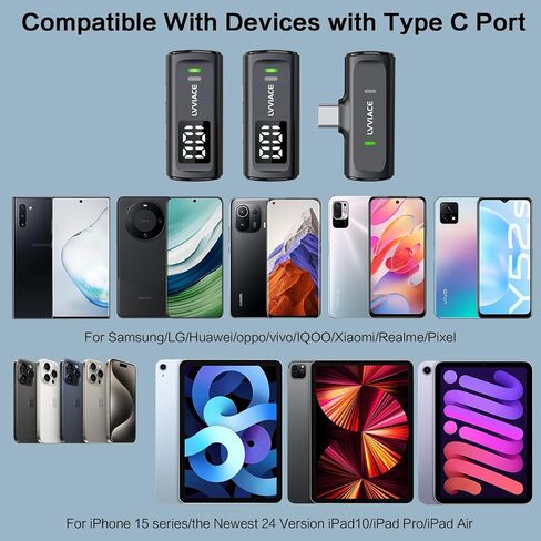 ميكروفون لافالير لاسلكي للهواتف المزودة بمنافذ USB من النوع C، عمر بطارية يصل إلى 40 ساعة مع حافظة شحن بشاشة عرض رقمية لجهاز الإرسال، ميكروفون صغير بطول 82 قدمًا مع خاصية إلغاء الضوضاء (USB من النوع C) in Kuwait