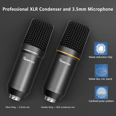 حزمة معدات البودكاست لشخصين، واجهة صوتية مع ميكروفون مكثف XLR، وميكروفون 3.5 مم، RGB، بلوتوث، كتم الصوت، طاقة فانتوم 48 فولت للبث والألعاب والتسجيل - أسود in Kuwait