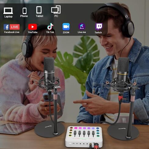 حزمة معدات البودكاست لشخصين، واجهة صوتية مع ميكروفون مكثف XLR، وميكروفون 3.5 مم، RGB، بلوتوث، كتم الصوت، طاقة فانتوم 48 فولت للبث والألعاب والتسجيل - أسود in Kuwait