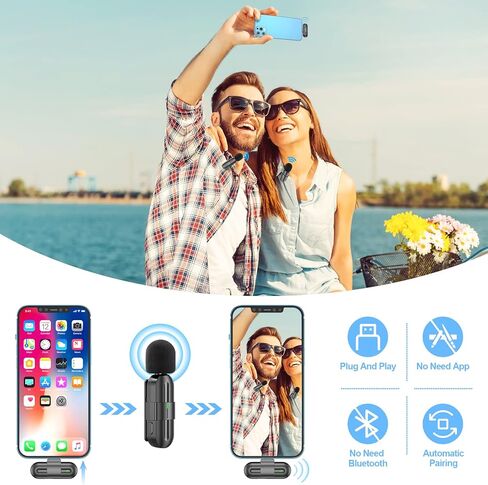ميكروفون Lavalier اللاسلكي لأجهزة iPhone iPad، التوصيل والتشغيل، ميكروفون تسجيل لاسلكي صغير مكون من قطعتين مع تقليل الضوضاء، ميكروفونات مثبتة للبث المباشر، مدونة فيديو (2 في 1/iOS، لا يتطلب تطبيق) in Kuwait