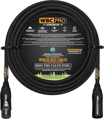 30 قدم - كابل WBC-PRO-Quad فائق الصمت والمرن ومتوازن على شكل نجمة رباعية مع مقابس Neutrik ذكر وأنثى XLR وسترة تويد سوداء in Saudi Arabia