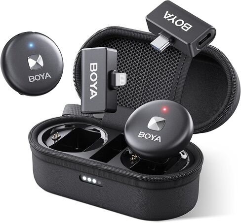 ميكروفون BOYA OMIC اللاسلكي Lavalier لهاتف iPhone Android والكمبيوتر المحمول مع Lightning/USB-C، مشبك على ميكروفون لاسلكي على شكل طية صدر السترة، وإلغاء الضوضاء، وبطارية 15 ساعة لتسجيل الفيديو، والبث، ومدونات الفيديو باللون الأسود in Saudi Arabia