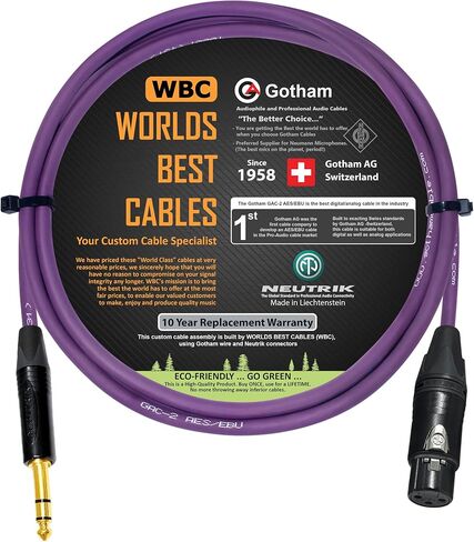 6 Foot - Gotham GAC-2 AES/EBU (Purple) – Low-Loss, 2xCore 2xShielded Balanced Digital & Analog Audio Cable w/ Neutrik Female XLR & ¼ inch (6.35mm) TRS Plug - CUSTOM MADE By WORLDS BEST CABLES in Saudi Arabia