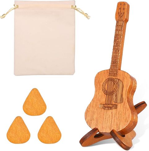 Guitar Pick Box, Wooden Guitar Pick Holder Custom Acoustic Guitar Pick Case Guitar Pick Rack with 3 Guitar Picks and Stand for Guitar Electric Bass Ukulele Lovers (Beige Drawstring Gift Bag) in Saudi Arabia