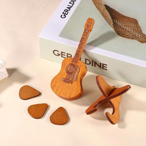Guitar Pick Box, Wooden Guitar Pick Holder Custom Acoustic Guitar Pick Case Guitar Pick Rack with 3 Guitar Picks and Stand for Guitar Electric Bass Ukulele Lovers (Beige Drawstring Gift Bag) in Saudi Arabia