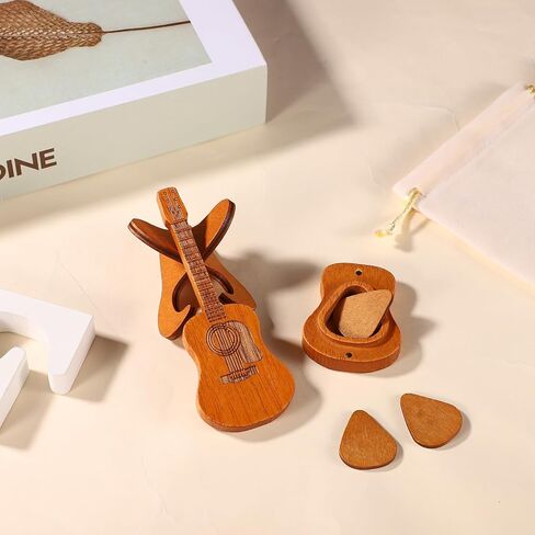 Guitar Pick Box, Wooden Guitar Pick Holder Custom Acoustic Guitar Pick Case Guitar Pick Rack with 3 Guitar Picks and Stand for Guitar Electric Bass Ukulele Lovers (Beige Drawstring Gift Bag) in Saudi Arabia