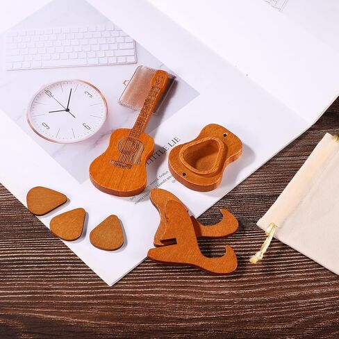 Guitar Pick Box, Wooden Guitar Pick Holder Custom Acoustic Guitar Pick Case Guitar Pick Rack with 3 Guitar Picks and Stand for Guitar Electric Bass Ukulele Lovers (Beige Drawstring Gift Bag) in Saudi Arabia