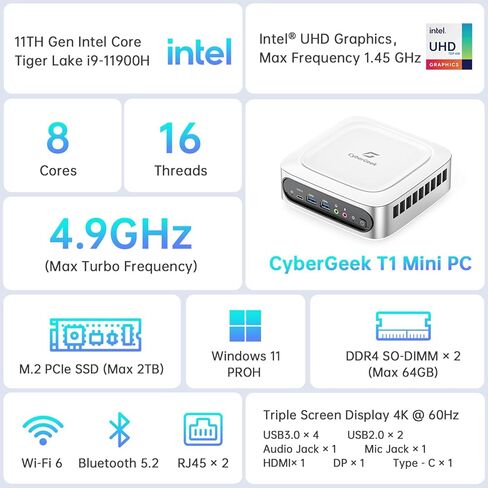 Nano J1 Mini PC Win 11 Pro, Intel N5095A Quad-Core Up to 2.9Ghz, 4GB RAM 3200MHz, 128GB NVMe SSD Mini Desktop Computer, Micro PC Supports 4K Dual Display, WiFi, BT, RJ45, VESA, Office/Home in Kuwait