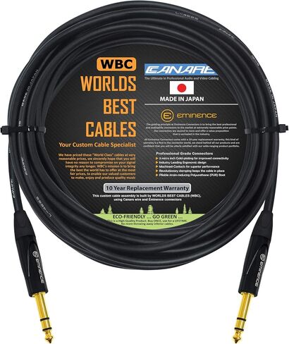WORLDS BEST CABLES 20 Foot - Canare L-4E6S, Star Quad Balanced TRS Patch Cable with Eminence Gold E502 TRS Stereo Plugs - Custom Made in Saudi Arabia