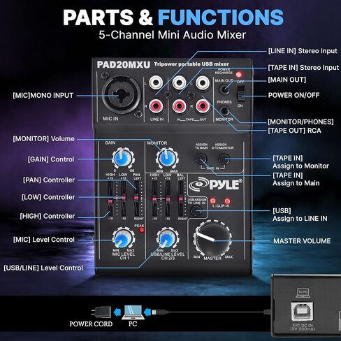 Pyle 3 Channel Bluetooth Audio Mixer - DJ Sound Controller Interface with USB Soundcard for PC Recording, XLR, 3.5mm Microphone Jack, 18V Power, RCA I/O for Professional and Beginners - PAD30MXUBT in Saudi Arabia