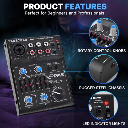 Pyle 3 Channel Bluetooth Audio Mixer - DJ Sound Controller Interface with USB Soundcard for PC Recording, XLR, 3.5mm Microphone Jack, 18V Power, RCA I/O for Professional and Beginners - PAD30MXUBT in Saudi Arabia