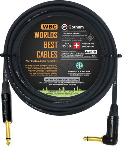 25 Foot - Gotham GAC-1 Ultra Pro - Premium Low-Cap (21 pf/F) Guitar Bass Instrument Cable – w/Neutrik Gold Straight to Angled ¼ inch (6.35mm) TS Connectors - Custom Made by WORLDS BEST CABLES in Saudi Arabia