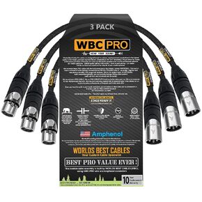 3 وحدات - 6 بوصة - كابل WBC-PRO-QUAD فائق الصمت والمرن ومتوازن على شكل نجمة رباعية مع مقابس Amphenol ذكر وأنثى XLR وسترة تويد سوداء